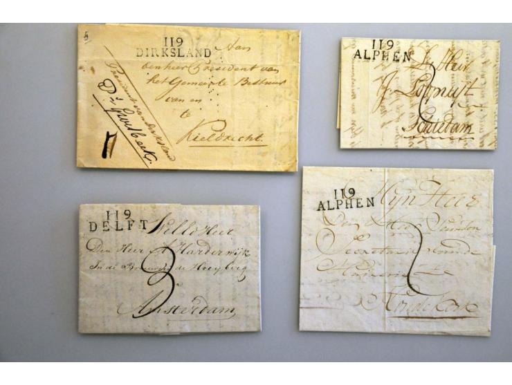 Departement 119, 12 poststukken w.b. ALPHEN (2x 1812), DELFT (1811),  DIRKSLAND (1814), GOUDA (1812), GORCUM (omslag 1813) en