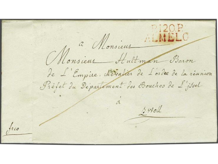 P.120.P. ALMELO in rood, pracht afdruk op frisse brief Heringhaven 14 juni 1813 (buurtschap in gemeente Tubbergen) naar Zwoll