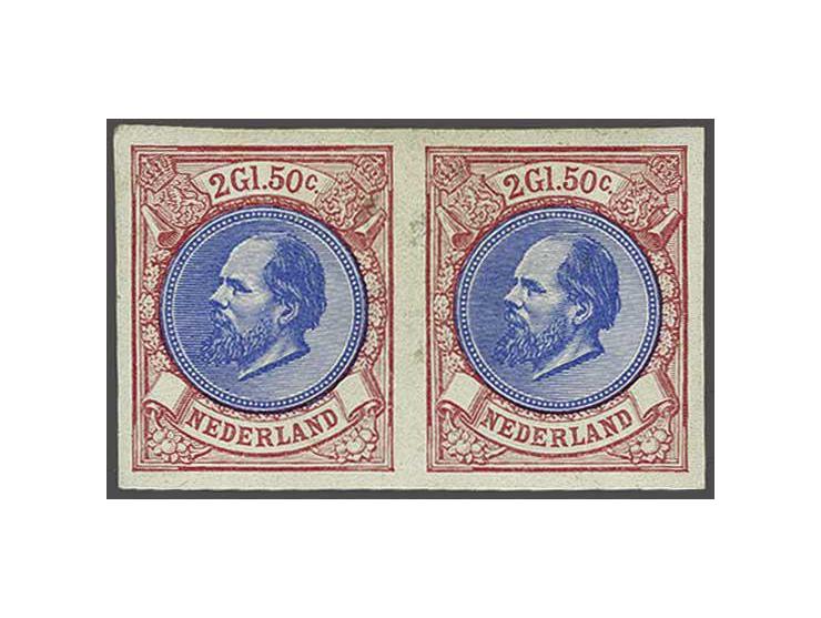 2½ gulden rood en blauw met variëteit geheel ongetand in paar, vrijwel pracht ex. (enkele dunne plekjes en gom deels bijgewer