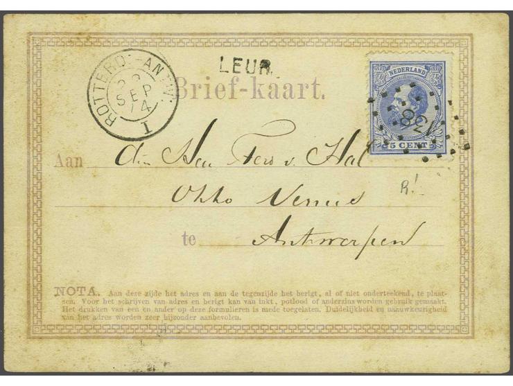 5 cent blauw tanding 13¼ x 14 kleine gaten op briefkaartformulier G. II van Etten-Leur 22-9-1874 naar Antwerpen, vrijwel prac