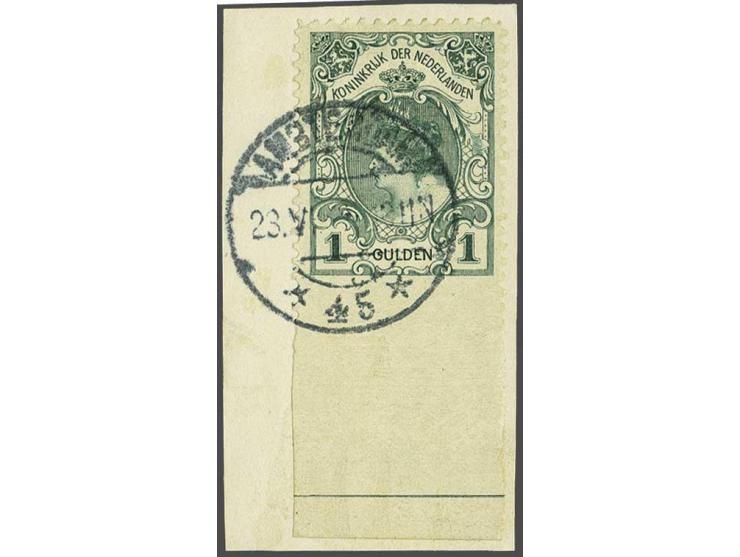 1 gulden blauwgroen tanding 11 x 11½ met variëteit onderzijde ongeperforeerd op fragment, pracht ex. met certificaat Dr. Loui