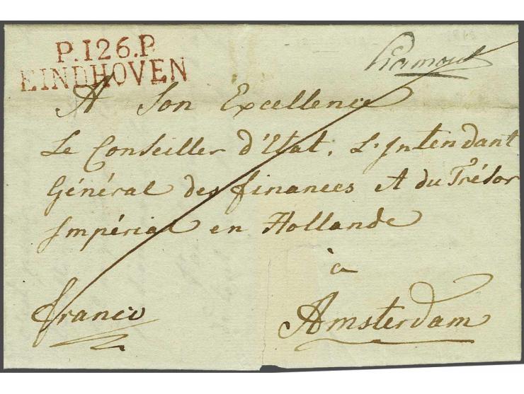 P.126.P. EINDHOVEN in rood, pracht afdruk op frisse brief Budel-Amsterdam 7 april 1813, 5 déc vooruitbetaald port