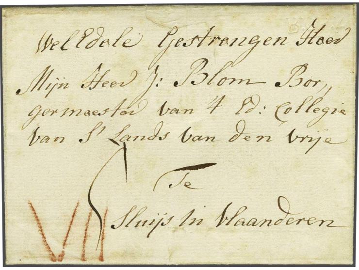 B:OP:Z: droogstempel op brief Bergen op Zoom 21 Jann. 1773 naar Sluijs in Vlaanderen, port VII Stuivers