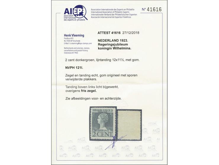 2 cent donkergroen tanding 12 x 11½, pracht ex. (tanding linksboven licht bijgewerkt) met certificaat Vleeming 2018, cat.w. 2