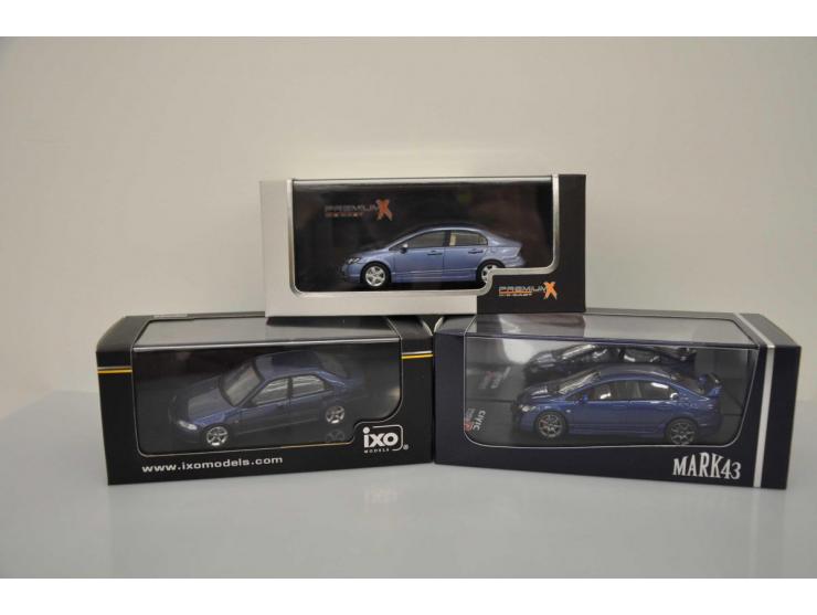 Honda Civic Type R (FD2) 4-door, Mark43, 1:43, blue, Near Mint (bit dusty), Honda Civic SIR EG9 4-door 1992, Ixo Models, 1:43