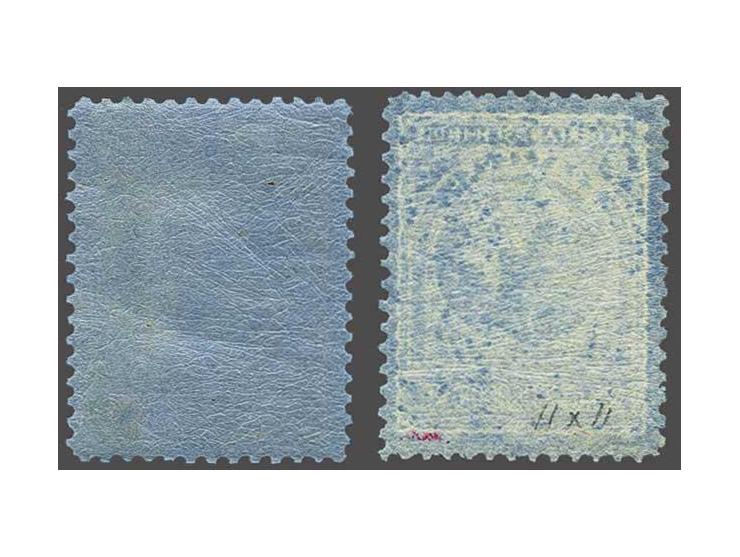 Veth 1 gulden doflila op blauw tanding 11 x 11½ en 2½ gulden zwartblauw op blauw tanding 11, pracht ex. (61A gesigneerd Keise
