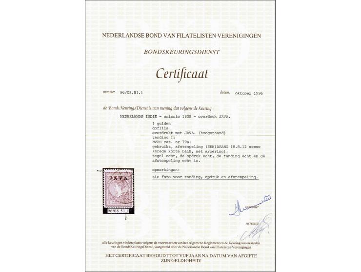 Java 1 gulden doflila met variëteit hoogstaande opdruk, pracht ex. met certificaat Ned. Bond 1996, cat.w. 400