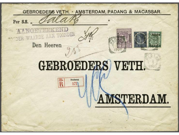 Buiten Bezit 2½ cent groen, 10 cent donkergrijs en 1 gulden doflila op grootformaat aangetekende envelop van Padang 6-9-1908 