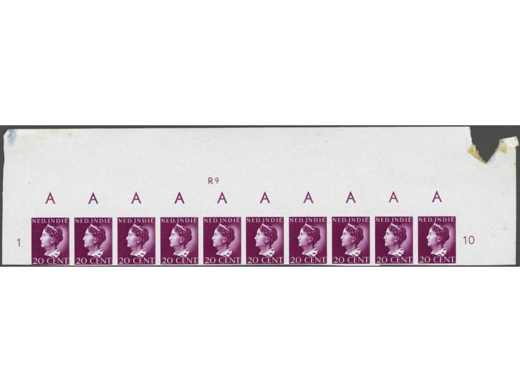Van Konijnenburg 20 cent roodlila, ongetande proef in bovenrandstrip van 10, oplageletter A en ets R9, PC 230, onder deels ko