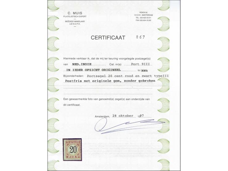 20 cent rood en zwart type III tanding 12½ x 12, pracht ex. met certificaat Muis 1997, cat.w. 375 