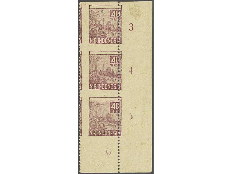 40 sen in strip van 3, horizontaal ongeperforeerd en verschoven perforatie, pracht ex., cat.w. 120