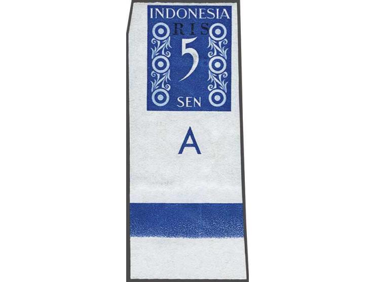 RIS 5 sen blauw met variëteit geheel ongetand met velrand, pracht ex. met certificaat Vleeming 2019, cat.w. 950. Zeer zeldzaa