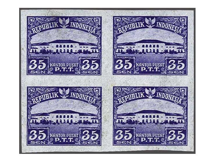 Postkantoor Pusat 35 sen violet ongetande proef in blokje van 4 (enkele bruine vlekjes). cat.w. 600