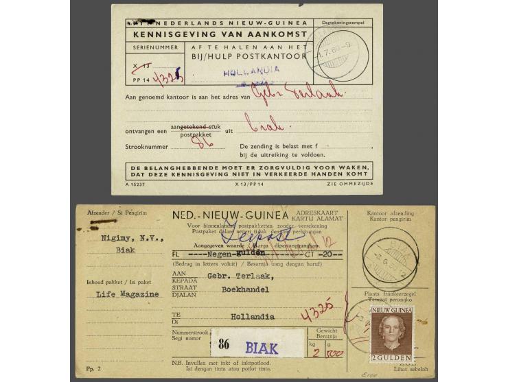 En Face 2 gulden bruin op binnenlandse pakketkaart van Biak 8-6-1960 naar Hollandia met bijbehorende Kennisgeving van Aankoms