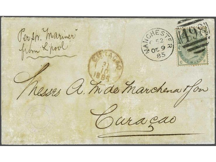 Incoming mail Curaçao 31-10-1885 rood rondstempel als aankomststempel op omslag uit Manchester Engeland gefrankeerd met 4d. g