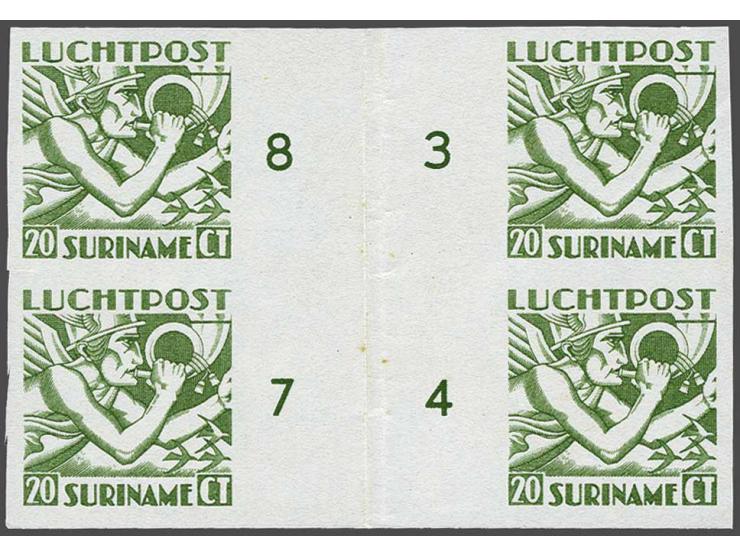 Mercuriuskop 20 cent lichtgroen, ongetande proef in blok van 4 met tussenstrook, één ex. kreukje en door middenstrook gevouwe