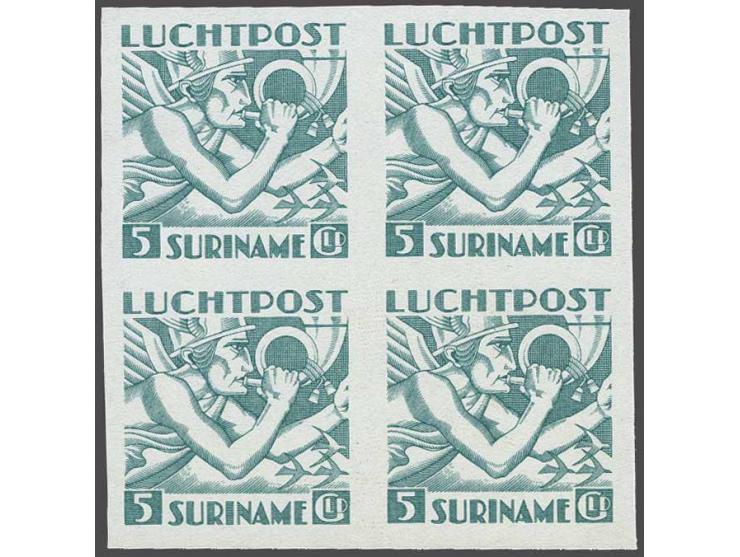 Mercuriuskop 5 gulden blauwgroen, ongetande proef in blok van 4, in PC niet vermeld, pracht ex.