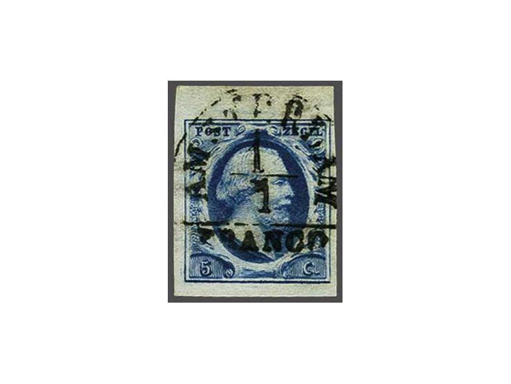 5 cent diepdonkerblauw plaat I pos. 79 met velrand en stempel Amsterdam A 1-1 (vermoedelijk 1e dag 1-1-1852), pracht ex.