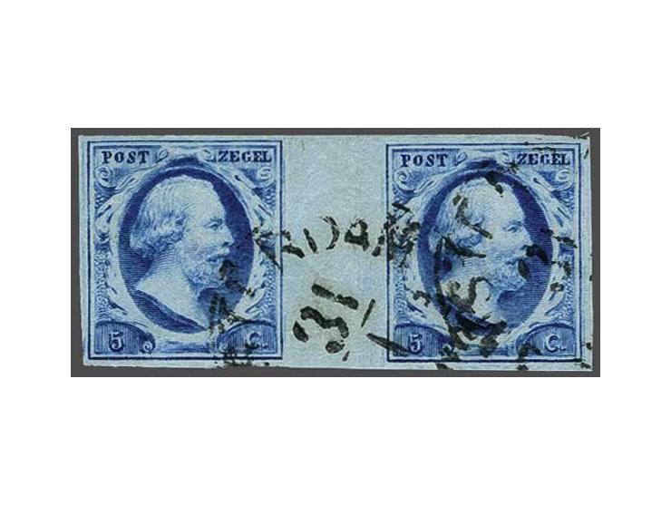 5 cent donkerblauw plaat III pos. 5/26 in brugpaar, pracht ex. (niet tussen de zegels gevouwen) met certificaat Dr. Louis 200