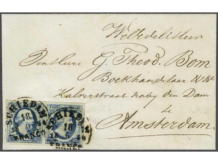 Schiedam B (Ey 125) op 5 cent blauw plaat II pos. 82-83 in paar op briefomslag 18-6-1854 naar Amsterdam, pracht ex. (verticaa