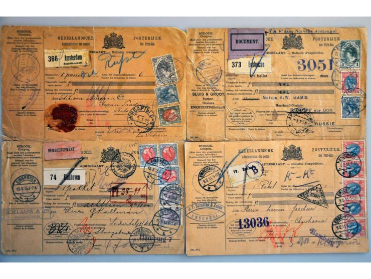 emissie Bontkraag pakketkaarten, collectie van ca. 35 ex. w.b. meng- en combinatiefrankeringen, expresse, div. bestemmingen e
