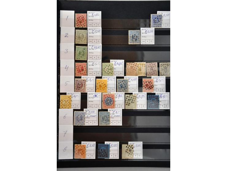 puntstempels, collectie tussen 1-255 op diverse waarden en emissies w.b. mooie afdrukken en betere kantoren, totaal ca. 300 e
