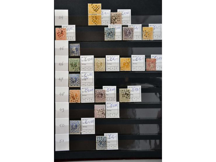 puntstempels, collectie tussen 1-255 op diverse waarden en emissies w.b. mooie afdrukken en betere kantoren, totaal ca. 300 e