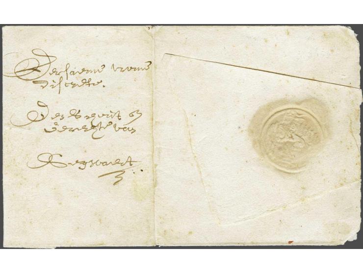 Ongedateerde omslag (ca. 1600), verzonden per bode, met droogstempel Leeuw met vlag van de Staten Generaal, gericht aan den s