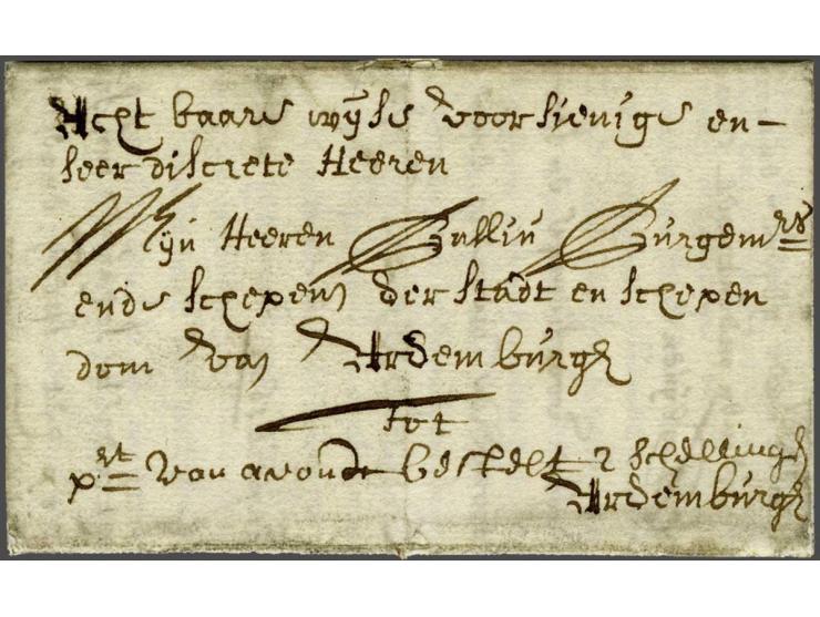 Complete brief The Hague 15 april 1692 naar Aardenburg (via Antwerpen en Brugge), geschreven (vroege vorm van expresse) Prt v