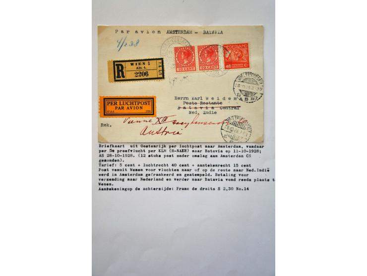 luchtpost, collectie van 11 uit Oostenrijk afkomstige poststukken in 1928 verzonder via de KLM Indië lijn