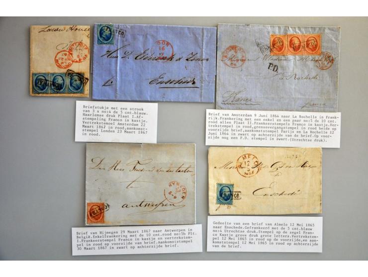emissie 1864, 18 poststukken in gemengde kwaliteit w.b. buitenlandse bestemmingen (o.a. nr. 6 enkelfrankering naar Luik)