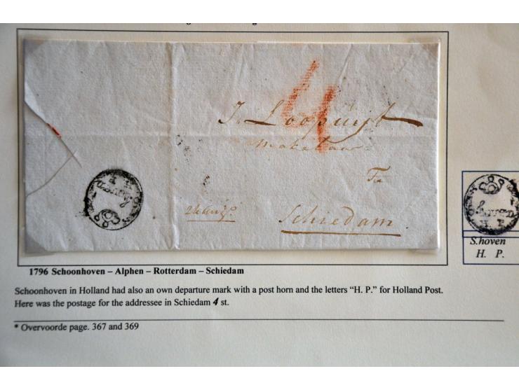7 poststukken met vertrekaanduidingen 1787-1799, resp. Schiedam H P, Schoonhoven met posthoorn en geschreven HK, LD en Hulst 