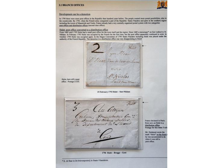 7 poststukken met vertrekaanduidingen 1787-1799, resp. Schiedam H P, Schoonhoven met posthoorn en geschreven HK, LD en Hulst 
