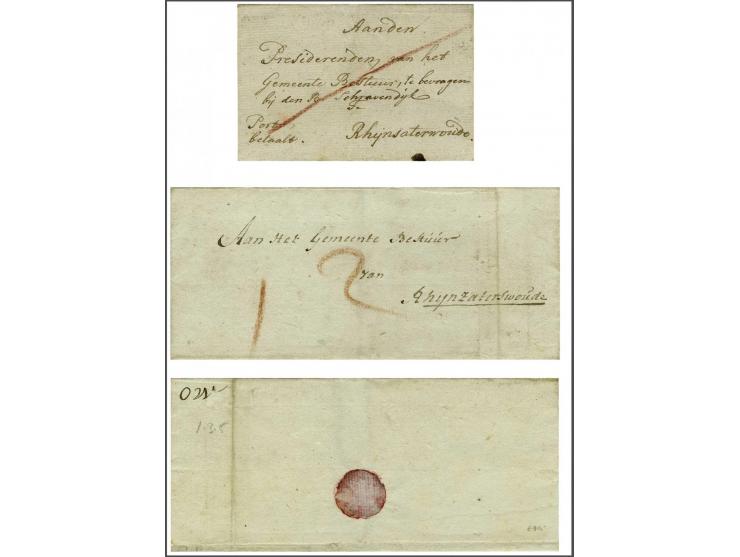 Bijkantoren 1805-1811, 5 gedateerde poststukken w.b. vooruitbetaald port en verschillende porten w.b. bovenport, geschreven O