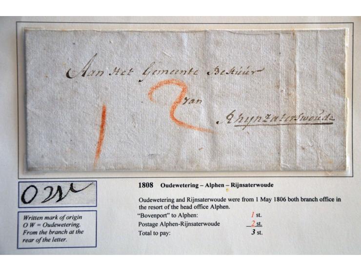 Bijkantoren 1805-1811, 5 gedateerde poststukken w.b. vooruitbetaald port en verschillende porten w.b. bovenport, geschreven O