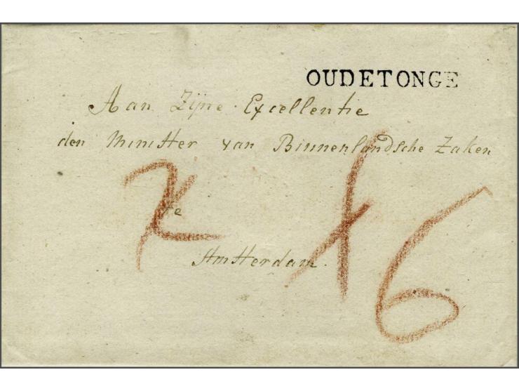  OUDETONGE Massonstempel pracht afdruk op frisse brief 3 oogstmaand 1810 naar Amsterdam, porty 1+1+4 maakt 6 St., zeldzaam st