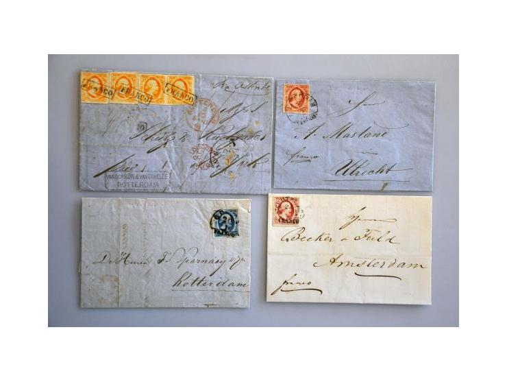 poststukken (ca. 500 ex.) w.b. port, dienst, pakketkaarten, 3e emissie, De Ruyter etc. in doos