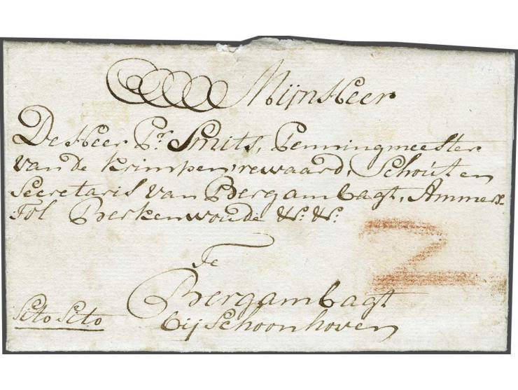 Complete brief van Gorinchem (langstempel achterzijde) 19-1-1779 naar Bergambacht met geschreven cito cito (spoed) en port 2 