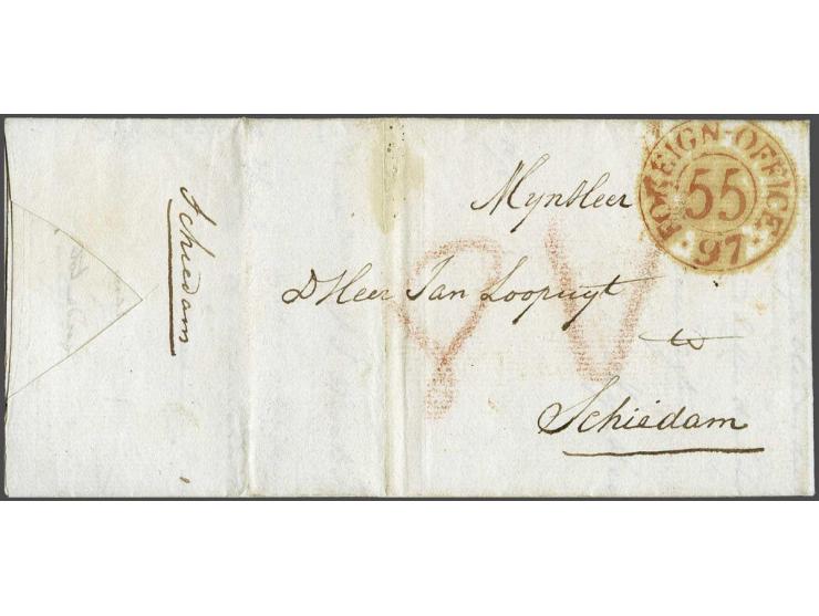 Geschreven Schiedam op achterzijde brief uit London 19 Mey 1797 met rood dubbelring FOREIGN-OFFICE 55 97, portaanduidingen 8 