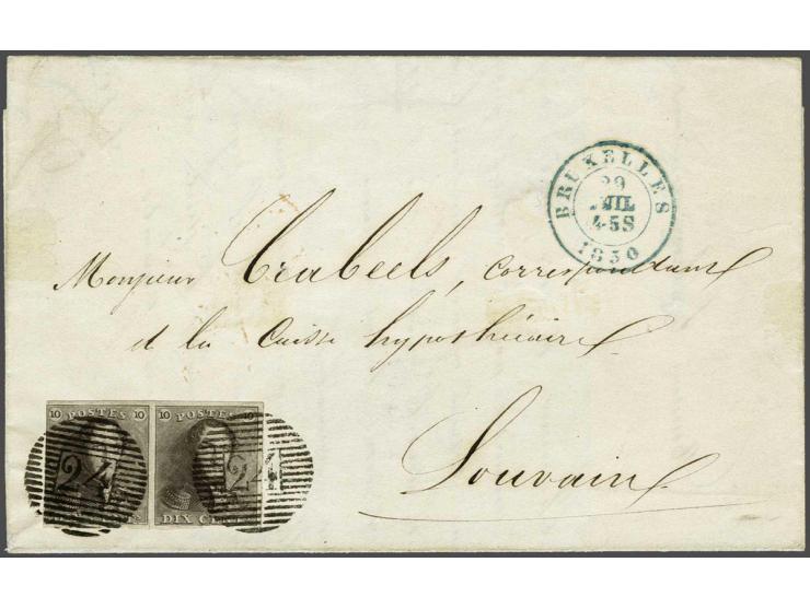 Leopold I 10 centiem bruin in paar op briefomslag van Brussel  29-7-1850 naar Leuven, pracht ex. (linkerzegel links kort, doc