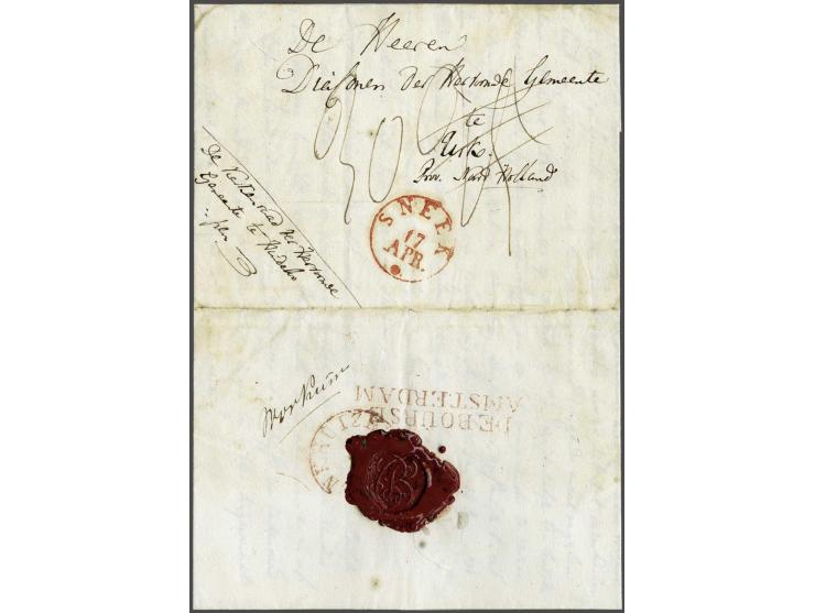 Complete vouwbrief naar Urk van Hindeloopen 10-4-1834 via Workum (geschreven op achterzijde) en Sneek abusievelijk naar Amste