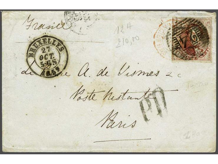 Leopold I 40 centiem vermiljoen zonder watermerk met deel buurzegel op envelop van Brussel 27-10-1859 naar Parijs, pracht ex.