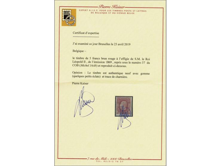 Leopold II 5 frank bruinrood, pracht ex. met bruine gom en certificaat Pierre Kaiser 2019 (enkele afgesprongen gomschilfertje