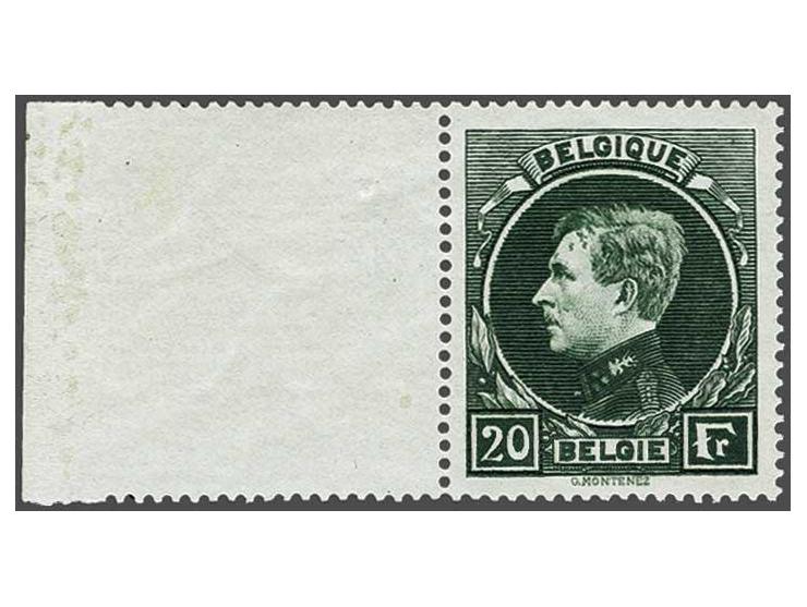 Albert I type Montenez 20 frank donkergroen Mechelse druk met enkele originele inktvlekjes op voorhoofd koning en velrand, ce