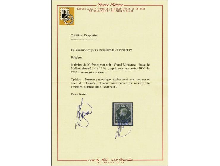 Albert I type Montenez 20 frank zwartgroen Mechelse druk, pracht ex. met certificaat Pierre Kaiser 2019, cat.w. 5000 Zeldzame