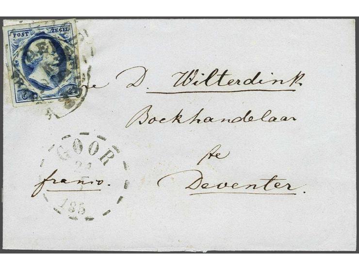 5 cent blauw plaat I pos. 22 op kleinformaat briefomslag van Delden (langstempel achterzijde) 24-3-1854 over Goor naar Devent