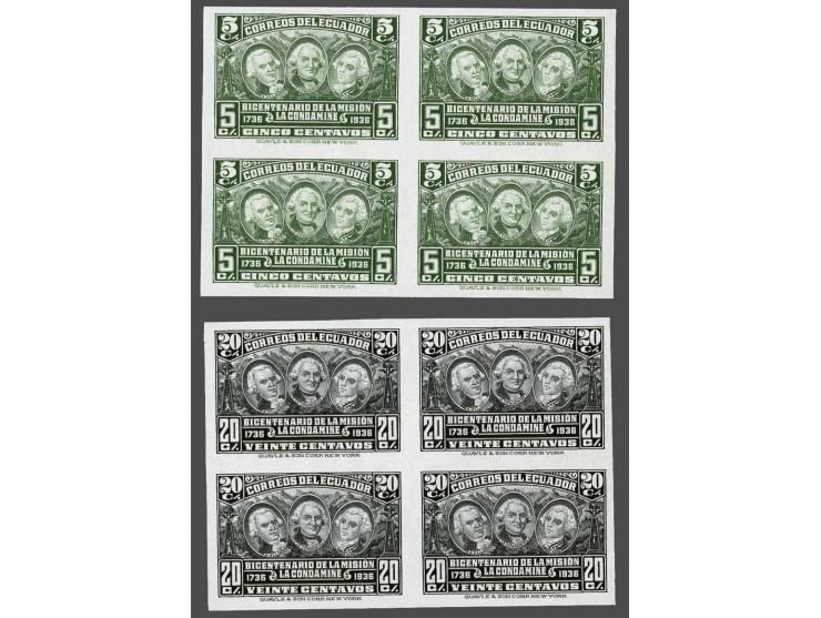 La Condamine 5 centavos in dark green and 20 centavos in black, plate proofs on thick hard paper in blocks of 4, very fine