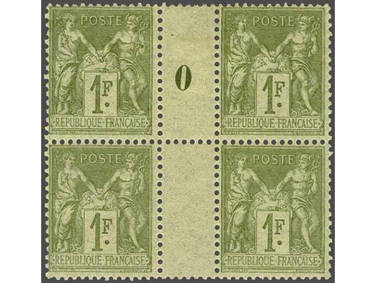 Paix et Commerce 1 franc olive type II in interpanneau block of 4 with millésime 0 and without millésime, very fine (upper pa