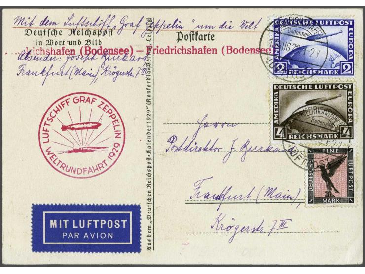 Around the World Flight 1929. 2 mark blue and 4 mark brown on card stage Friedrichshafen-Friedrichshafen, fine/very fine, cat