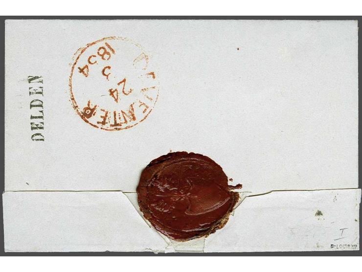 5 cent blauw plaat I pos. 22 op kleinformaat briefomslag van Delden (langstempel achterzijde) 24-3-1854 over Goor naar Devent